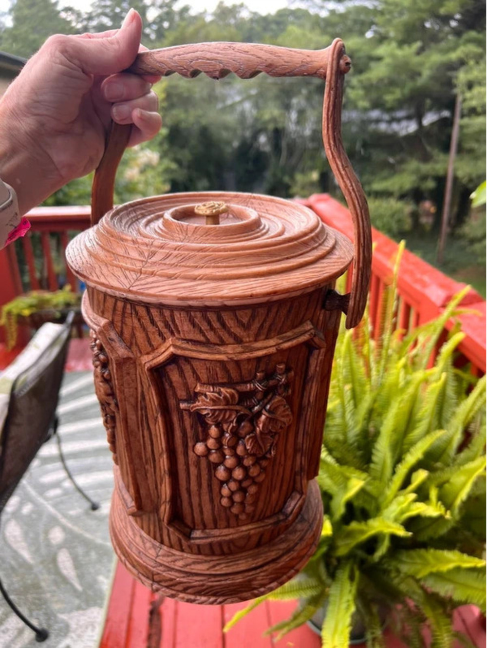 Vintage 70s Faux Wood Ice Bucket with GRAPE Motif